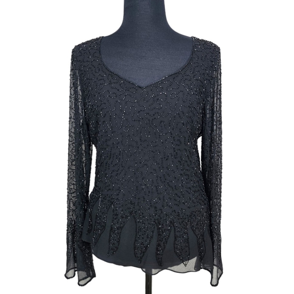 JKara Jazz Revival Vintage Black Sheer All Over Beaded Split Sleeve Party Top M